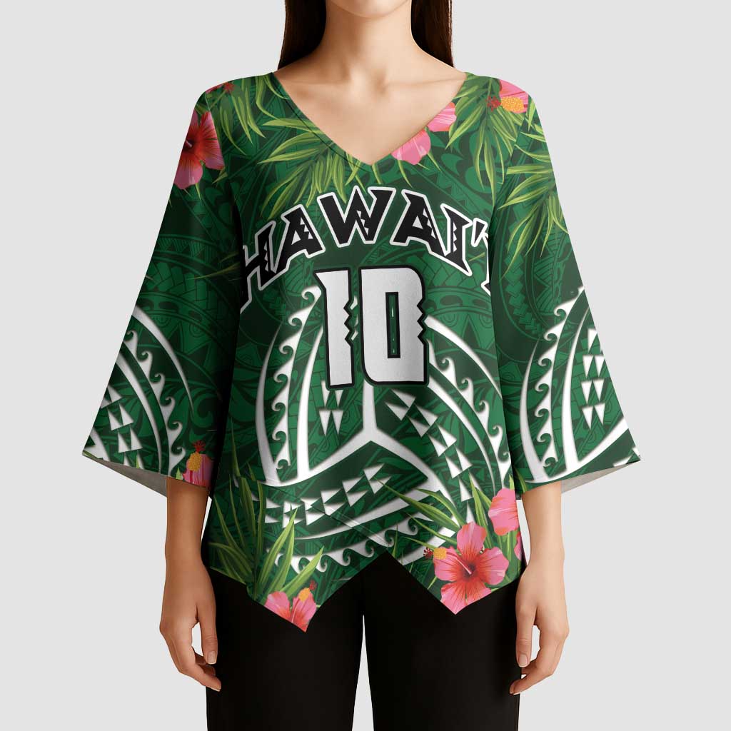 Custom Hawaii Volleyball Kimono Sleeve Blouse Kakau Abstract and Tropical Plants Green Color - Polynesian Pride
