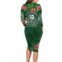 Custom Hawaii Volleyball Long Sleeve Bodycon Dress Kakau Abstract and Tropical Plants Green Color - Polynesian Pride