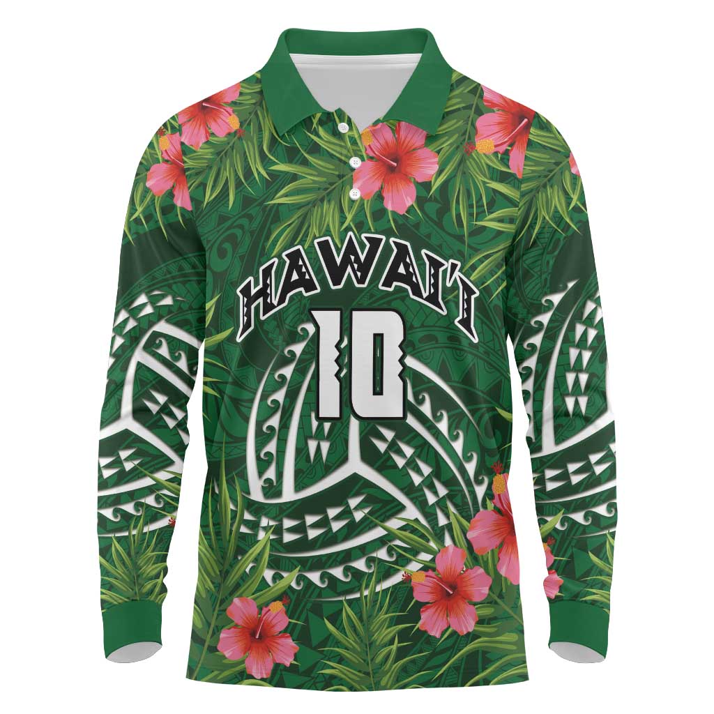Custom Hawaii Volleyball Long Sleeve Polo Shirt Kakau Abstract and Tropical Plants Green Color - Polynesian Pride