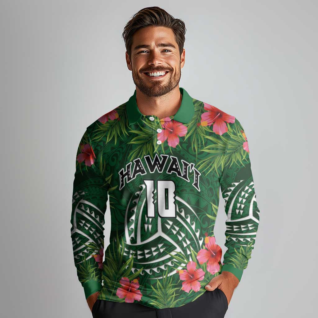 Custom Hawaii Volleyball Long Sleeve Polo Shirt Kakau Abstract and Tropical Plants Green Color - Polynesian Pride