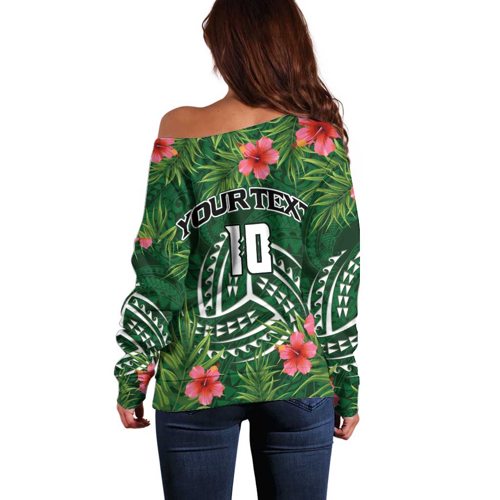 Custom Hawaii Volleyball Off Shoulder Sweater Kakau Abstract and Tropical Plants Green Color - Polynesian Pride
