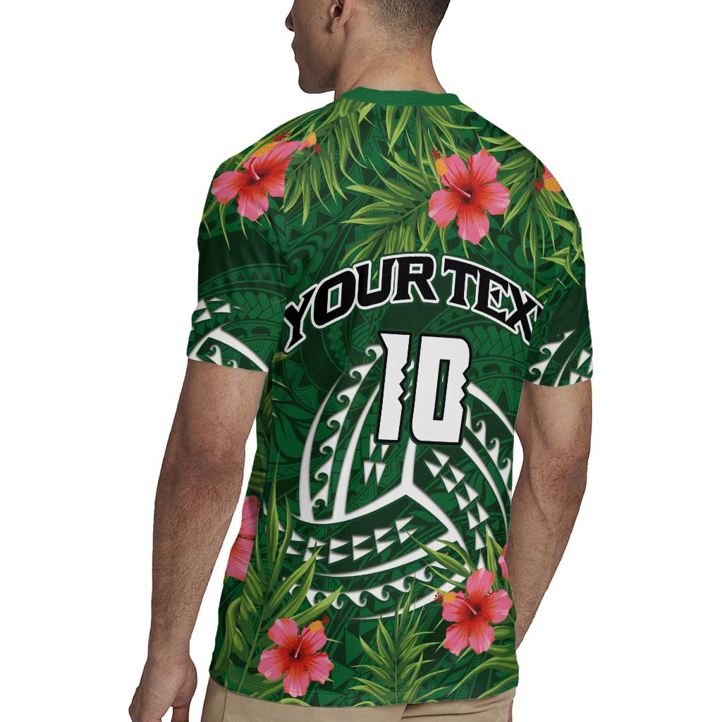 Custom Hawaii Volleyball Rugby Jersey Kakau Abstract and Tropical Plants Green Color - Polynesian Pride