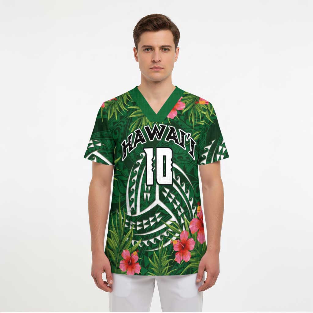 Custom Hawaii Volleyball Scrub Top Kakau Abstract and Tropical Plants Green Color - Polynesian Pride