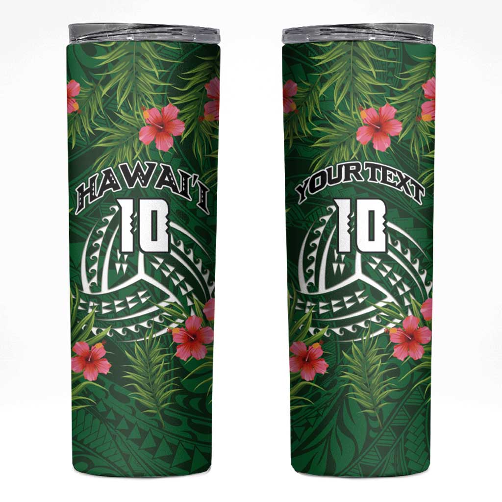 Custom Hawaii Volleyball Skinny Tumbler Kakau Abstract and Tropical Plants Green Color - Polynesian Pride