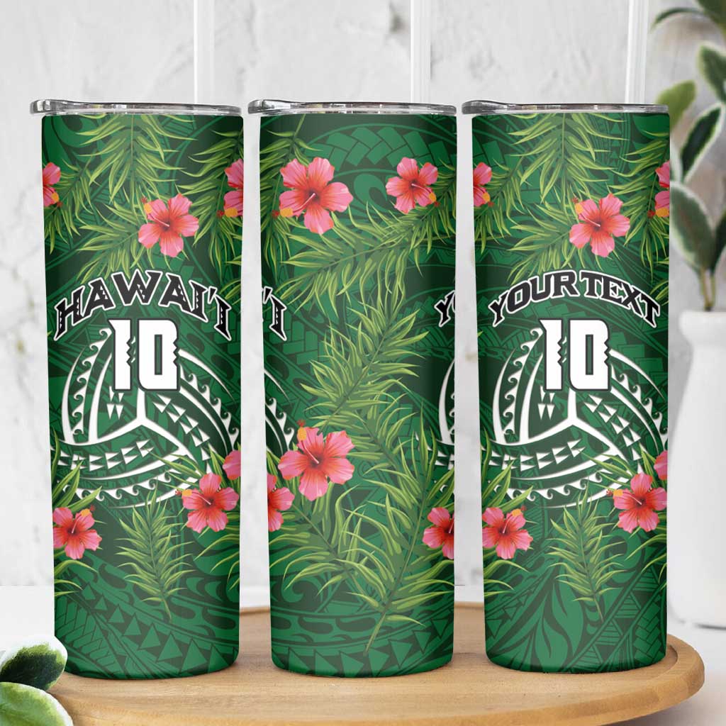Custom Hawaii Volleyball Skinny Tumbler Kakau Abstract and Tropical Plants Green Color - Polynesian Pride