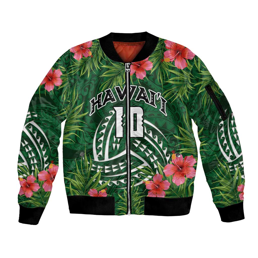 Custom Hawaii Volleyball Sleeve Zip Bomber Jacket Kakau Abstract and Tropical Plants Green Color - Polynesian Pride