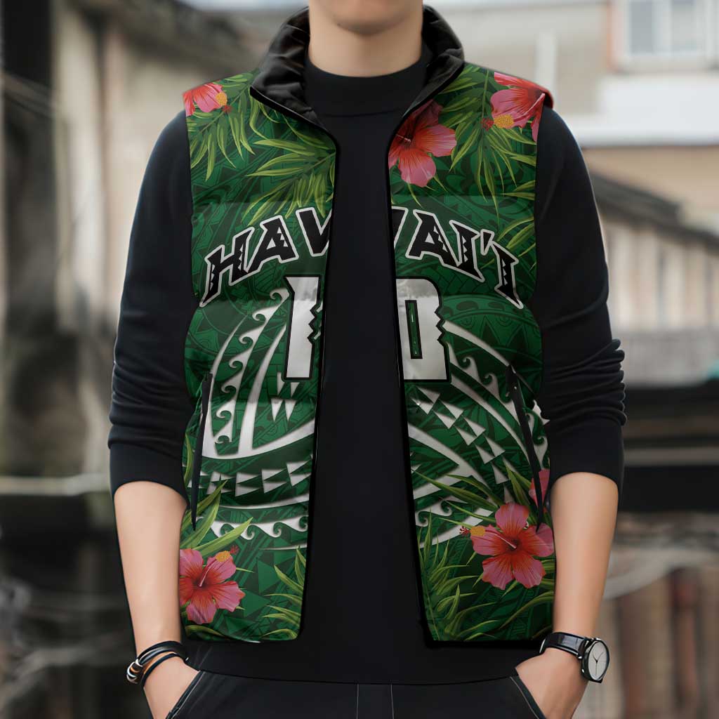 Custom Hawaii Volleyball Sleeveless Puffer Jacket Kakau Abstract and Tropical Plants Green Color - Polynesian Pride