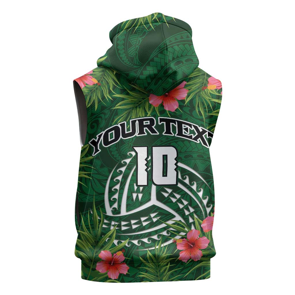 Custom Hawaii Volleyball Sleeveless Zip Hoodie Kakau Abstract and Tropical Plants Green Color - Polynesian Pride