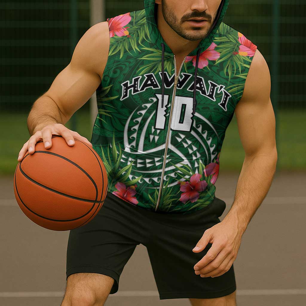 Custom Hawaii Volleyball Sleeveless Zip Hoodie Kakau Abstract and Tropical Plants Green Color - Polynesian Pride