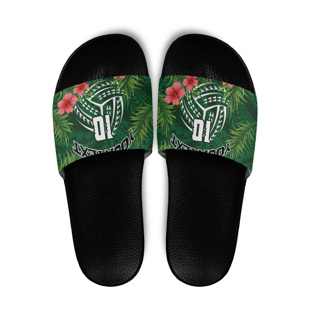 Custom Hawaii Volleyball Slide Sandals Kakau Abstract and Tropical Plants Green Color LT03 Green - Polynesian Pride