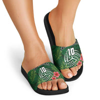 Custom Hawaii Volleyball Slide Sandals Kakau Abstract and Tropical Plants Green Color LT03 - Polynesian Pride