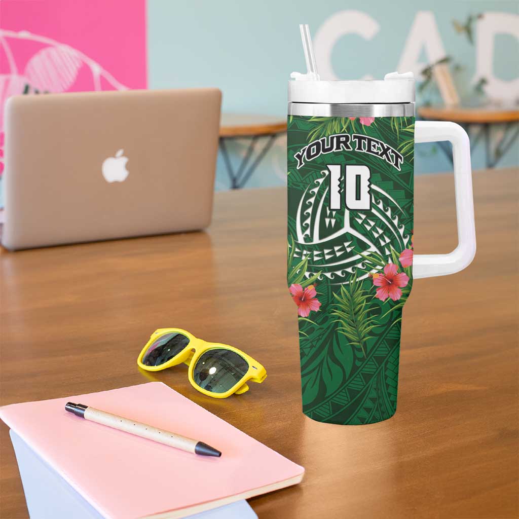 Custom Hawaii Volleyball Tumbler With Handle Kakau Abstract and Tropical Plants Green Color - Polynesian Pride