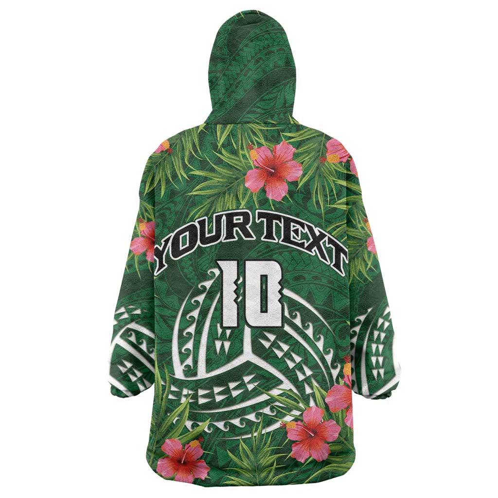 Custom Hawaii Volleyball Wearable Blanket Hoodie Kakau Abstract and Tropical Plants Green Color - Polynesian Pride