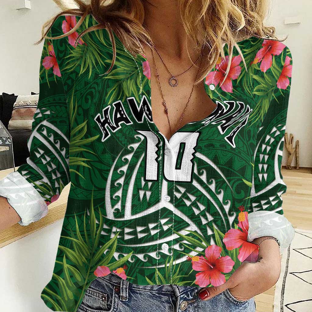 Custom Hawaii Volleyball Women Casual Shirt Kakau Abstract and Tropical Plants Green Color - Polynesian Pride