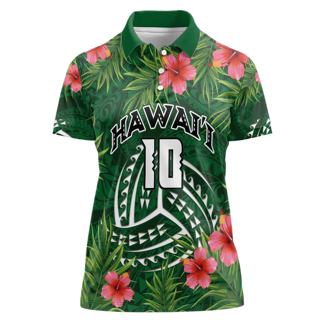 Custom Hawaii Volleyball Women Polo Shirt Kakau Abstract and Tropical Plants Green Color - Polynesian Pride
