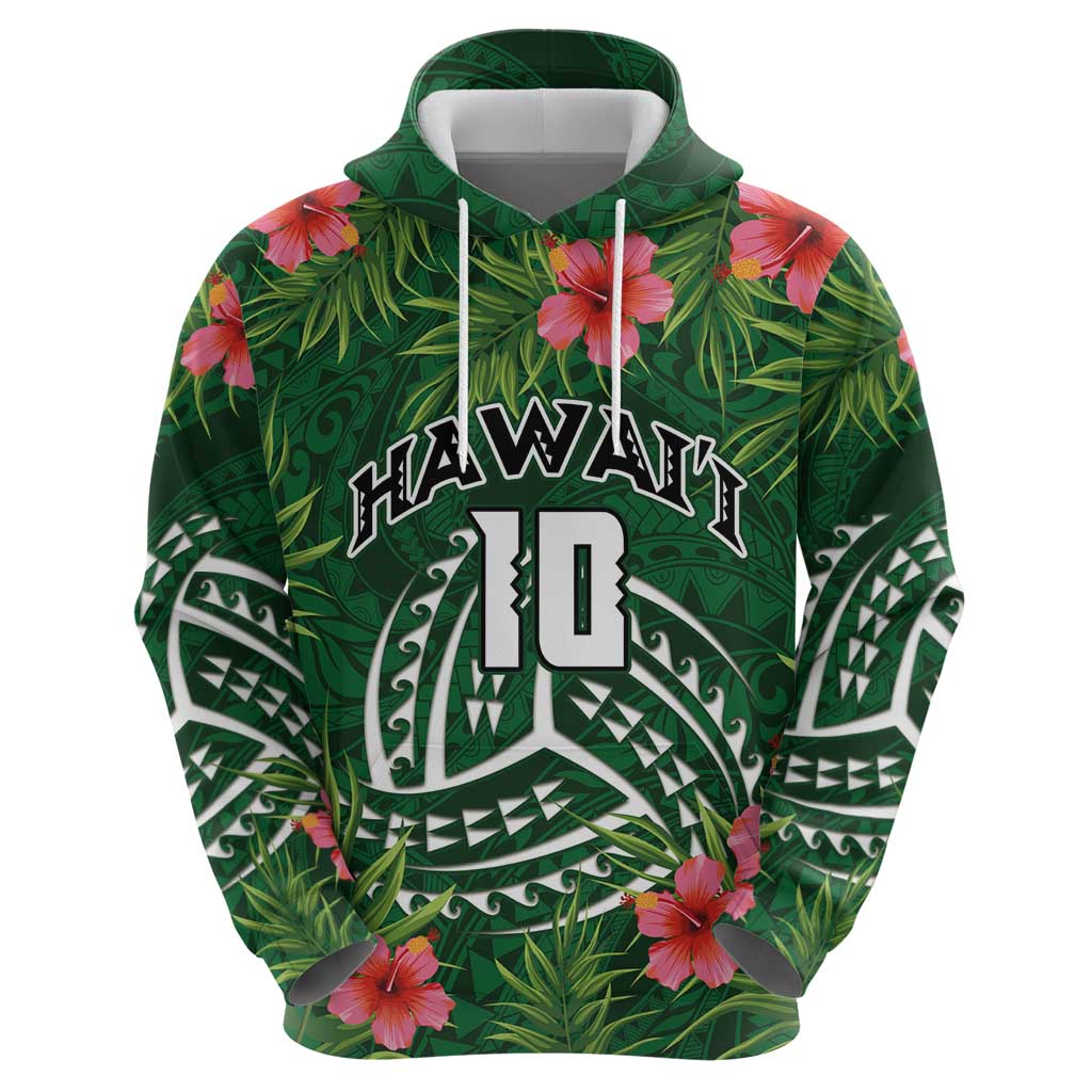 Custom Hawaii Volleyball Zip Hoodie Kakau Abstract and Tropical Plants Green Color - Polynesian Pride