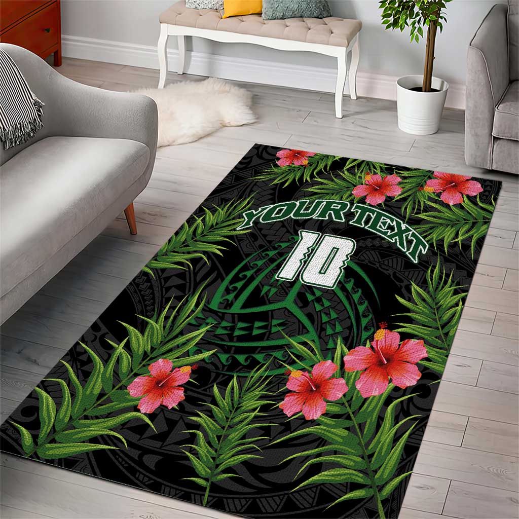 Custom Hawaii Volleyball Area Rug Kakau Abstract and Tropical Plants Black Color - Polynesian Pride