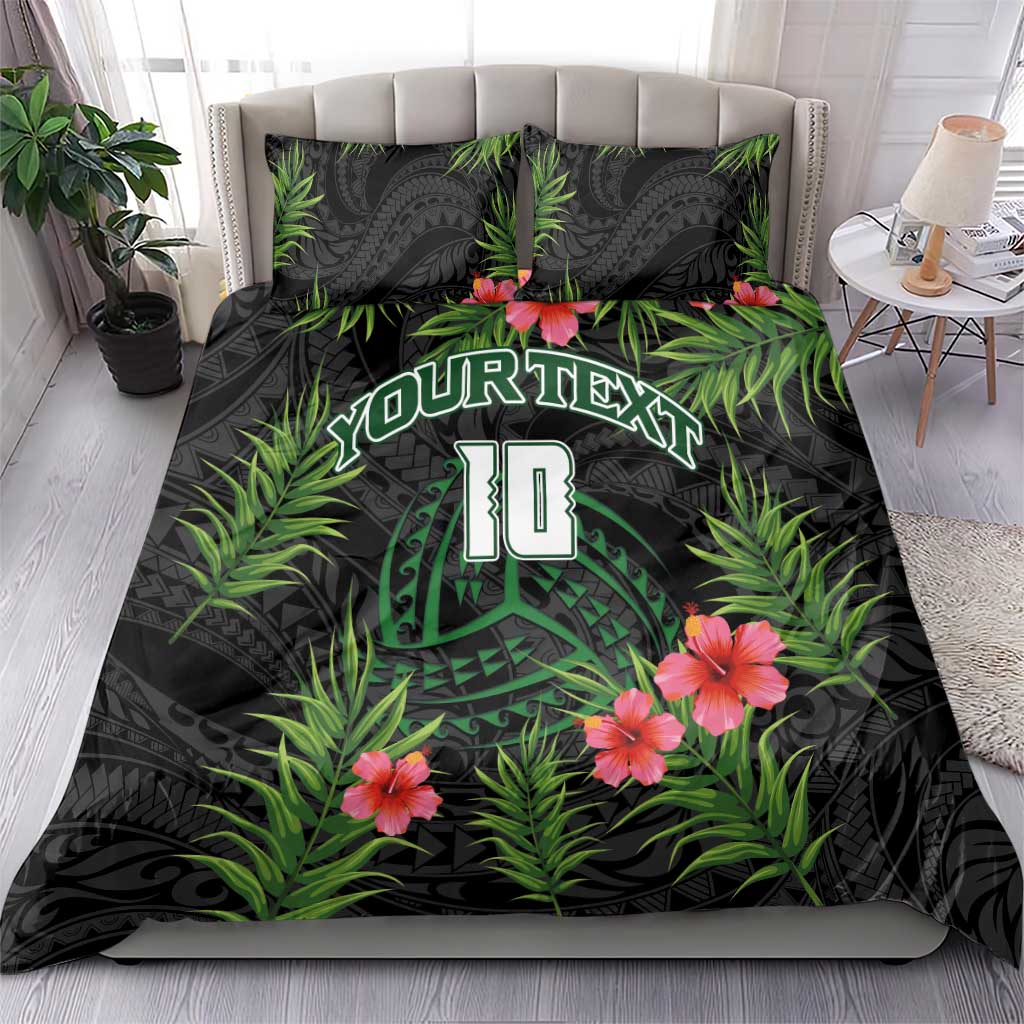 Custom Hawaii Volleyball Bedding Set Kakau Abstract and Tropical Plants Black Color - Polynesian Pride