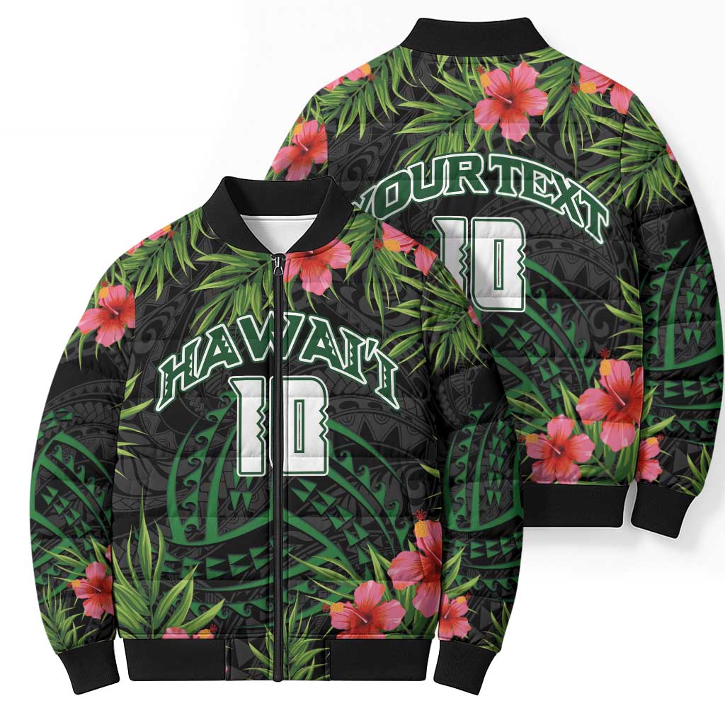 Custom Hawaii Volleyball Bomber Puffer Jacket Kakau Abstract and Tropical Plants Black Color - Polynesian Pride