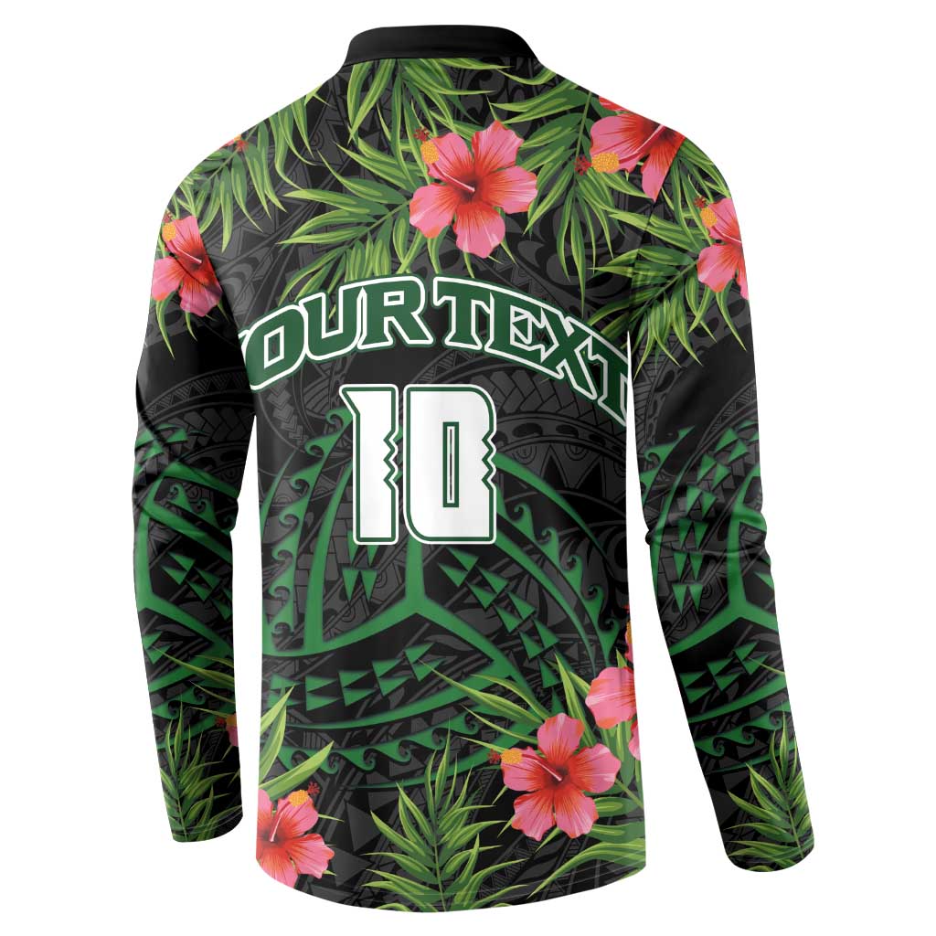 Custom Hawaii Volleyball Button Sweatshirt Kakau Abstract and Tropical Plants Black Color - Polynesian Pride