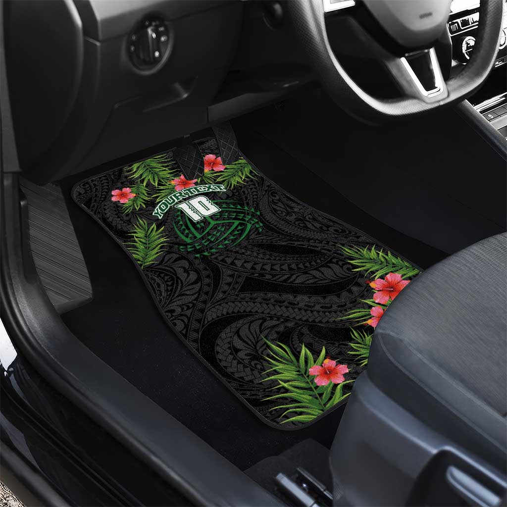 Custom Hawaii Volleyball Car Mats Kakau Abstract and Tropical Plants Black Color - Polynesian Pride