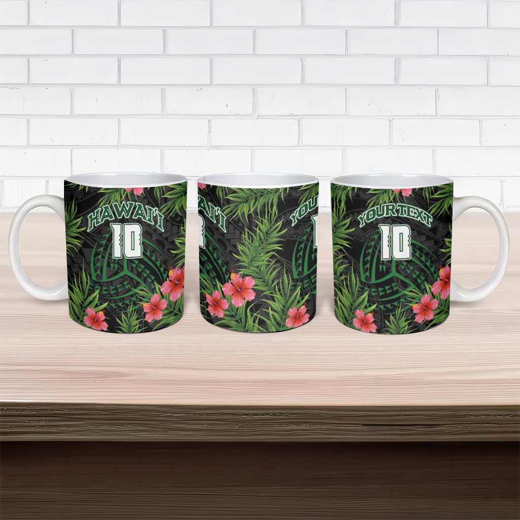 Custom Hawaii Volleyball Ceramic Mug Kakau Abstract and Tropical Plants Black Color - Polynesian Pride