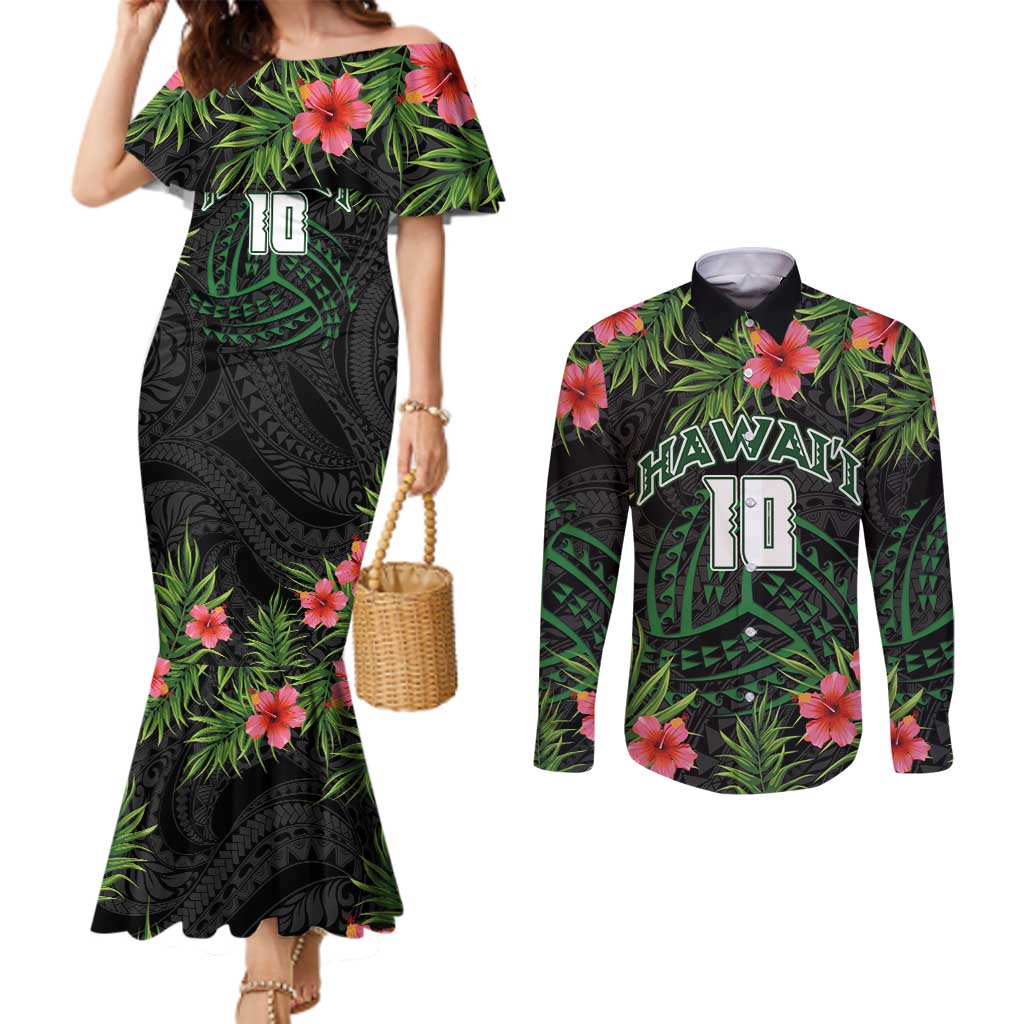 Custom Hawaii Volleyball Couples Matching Mermaid Dress and Long Sleeve Button Shirt Kakau Abstract and Tropical Plants Black Color - Polynesian Pride