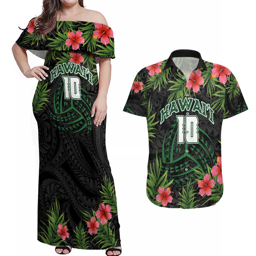 Custom Hawaii Volleyball Couples Matching Off Shoulder Maxi Dress and Hawaiian Shirt Kakau Abstract and Tropical Plants Black Color - Polynesian Pride