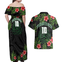 Custom Hawaii Volleyball Couples Matching Off Shoulder Maxi Dress and Hawaiian Shirt Kakau Abstract and Tropical Plants Black Color - Polynesian Pride