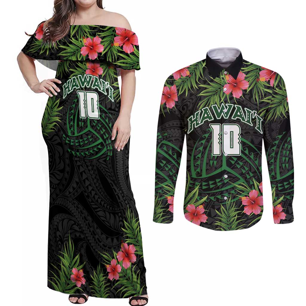 Custom Hawaii Volleyball Couples Matching Off Shoulder Maxi Dress and Long Sleeve Button Shirt Kakau Abstract and Tropical Plants Black Color - Polynesian Pride