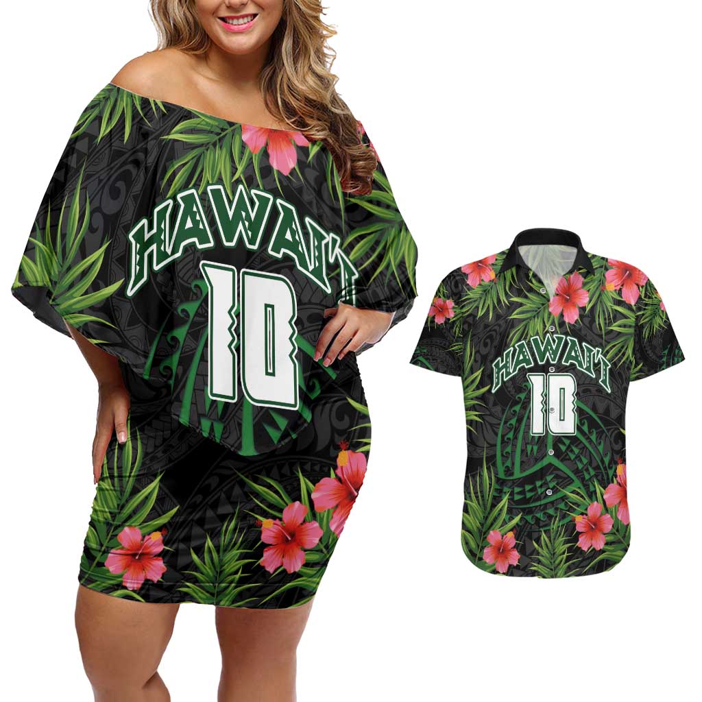 Custom Hawaii Volleyball Couples Matching Off Shoulder Short Dress and Hawaiian Shirt Kakau Abstract and Tropical Plants Black Color - Polynesian Pride