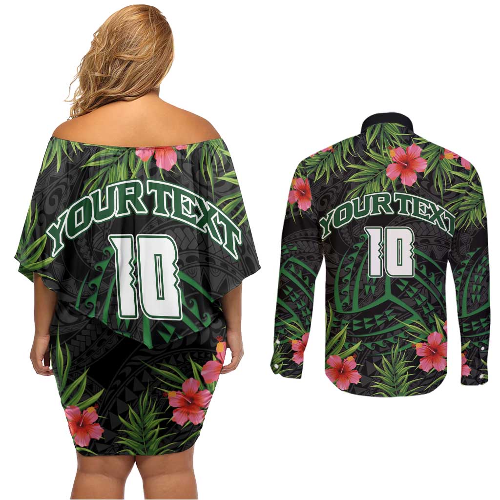 Custom Hawaii Volleyball Couples Matching Off Shoulder Short Dress and Long Sleeve Button Shirt Kakau Abstract and Tropical Plants Black Color - Polynesian Pride