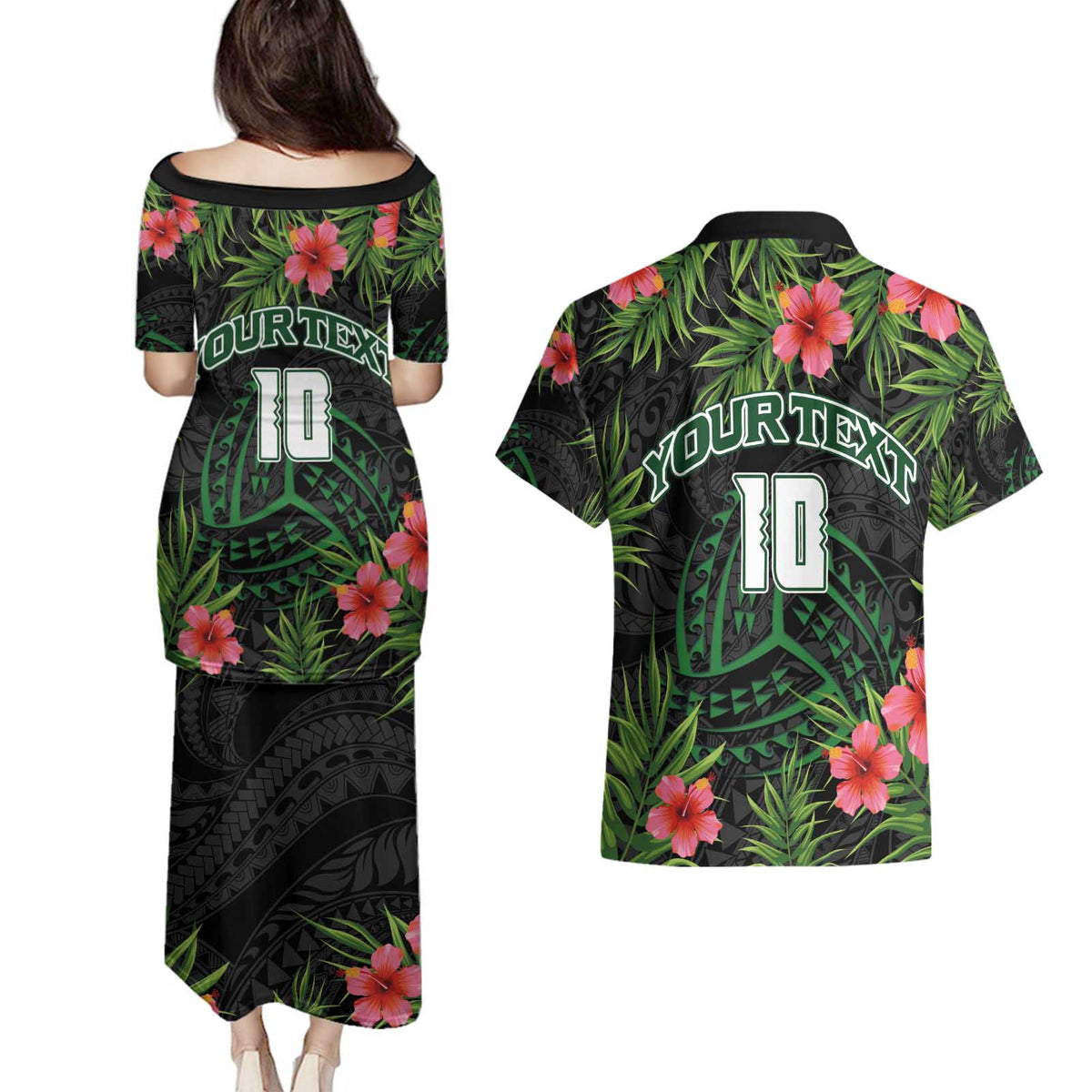 Custom Hawaii Volleyball Couples Matching Puletasi and Hawaiian Shirt Kakau Abstract and Tropical Plants Black Color - Polynesian Pride