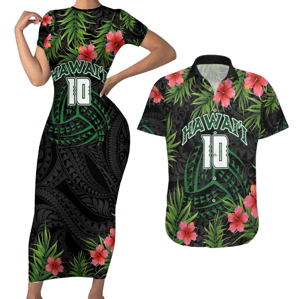Custom Hawaii Volleyball Couples Matching Short Sleeve Bodycon Dress and Hawaiian Shirt Kakau Abstract and Tropical Plants Black Color - Polynesian Pride