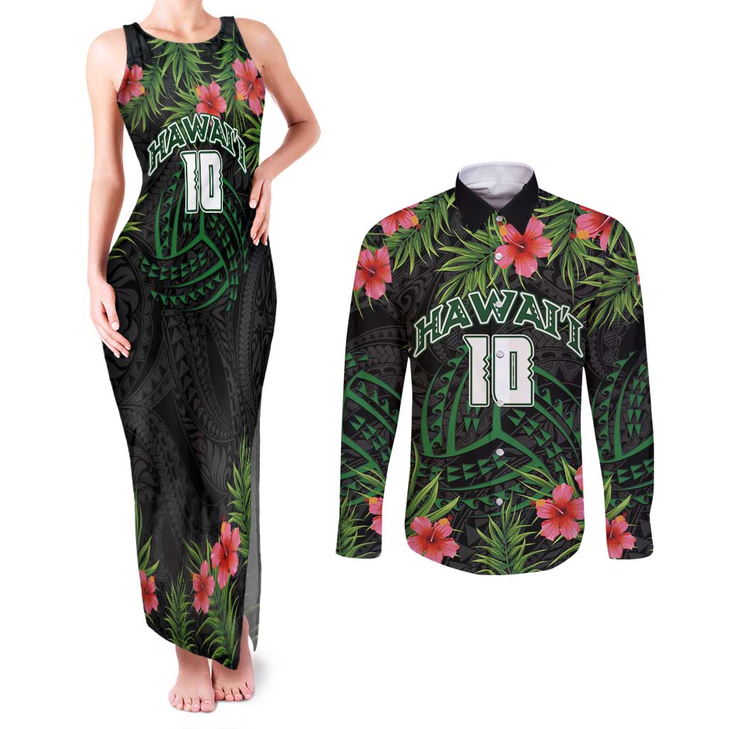Custom Hawaii Volleyball Couples Matching Tank Maxi Dress and Long Sleeve Button Shirt Kakau Abstract and Tropical Plants Black Color - Polynesian Pride