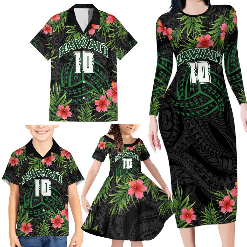 Custom Hawaii Volleyball Family Matching Long Sleeve Bodycon Dress and Hawaiian Shirt Kakau Abstract and Tropical Plants Black Color - Polynesian Pride