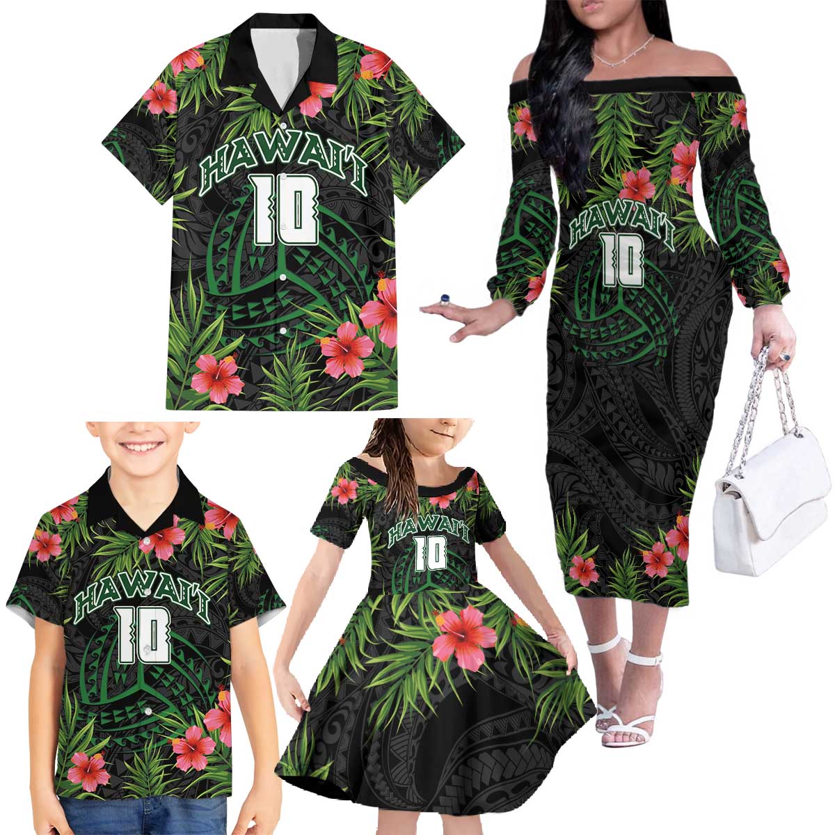 Custom Hawaii Volleyball Family Matching Off The Shoulder Long Sleeve Dress and Hawaiian Shirt Kakau Abstract and Tropical Plants Black Color - Polynesian Pride