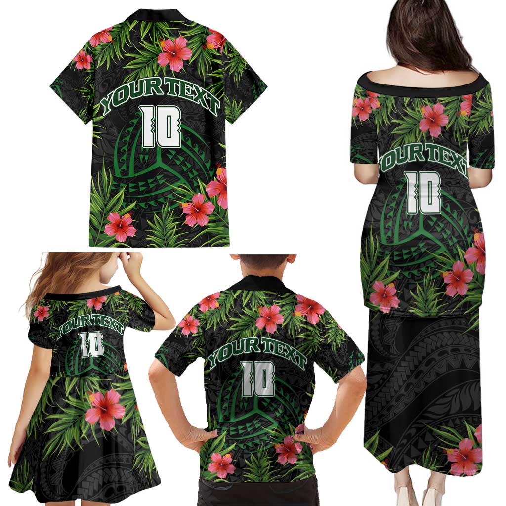 Custom Hawaii Volleyball Family Matching Puletasi and Hawaiian Shirt Kakau Abstract and Tropical Plants Black Color - Polynesian Pride