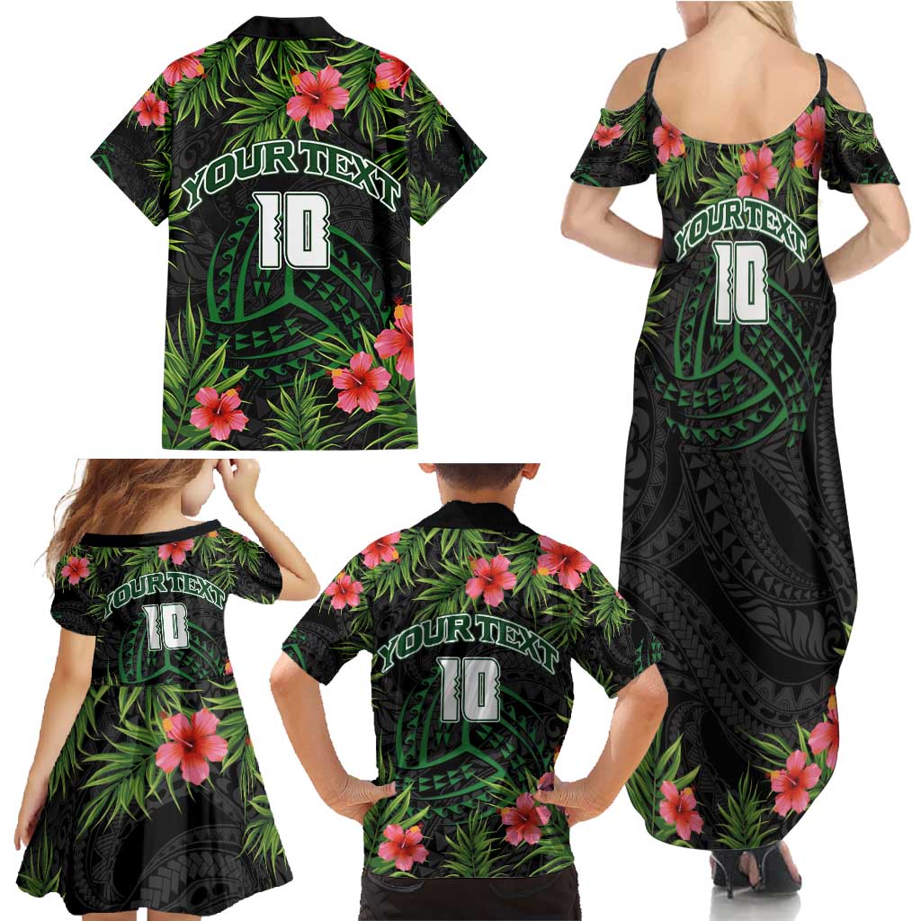 Custom Hawaii Volleyball Family Matching Summer Maxi Dress and Hawaiian Shirt Kakau Abstract and Tropical Plants Black Color - Polynesian Pride