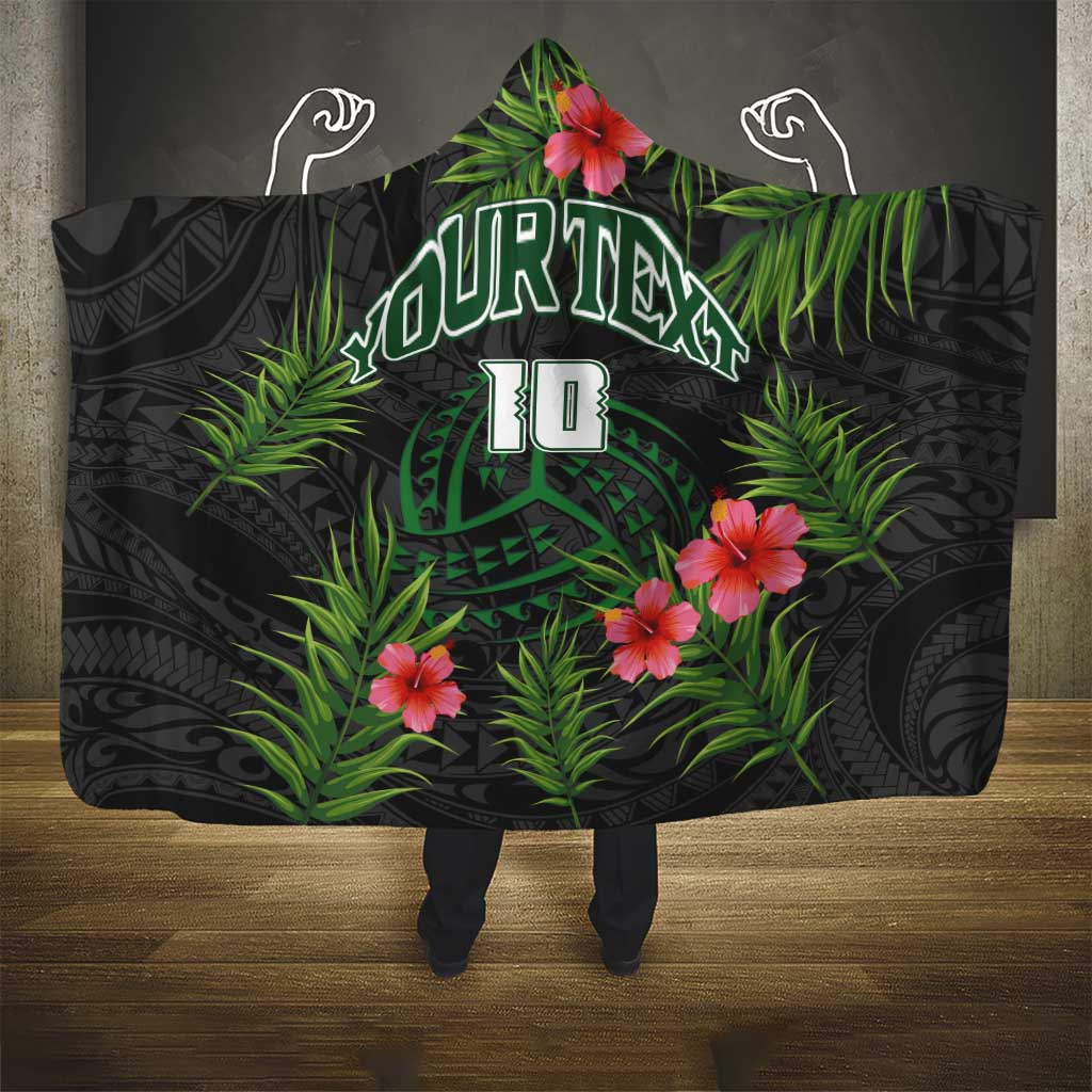 Custom Hawaii Volleyball Hooded Blanket Kakau Abstract and Tropical Plants Black Color - Polynesian Pride