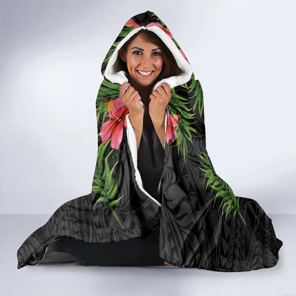 Custom Hawaii Volleyball Hooded Blanket Kakau Abstract and Tropical Plants Black Color - Polynesian Pride