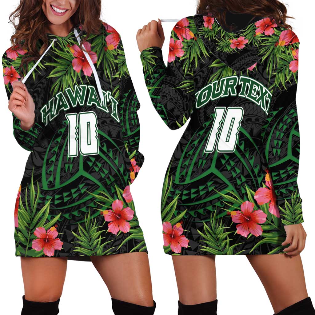 Custom Hawaii Volleyball Hoodie Dress Kakau Abstract and Tropical Plants Black Color - Polynesian Pride