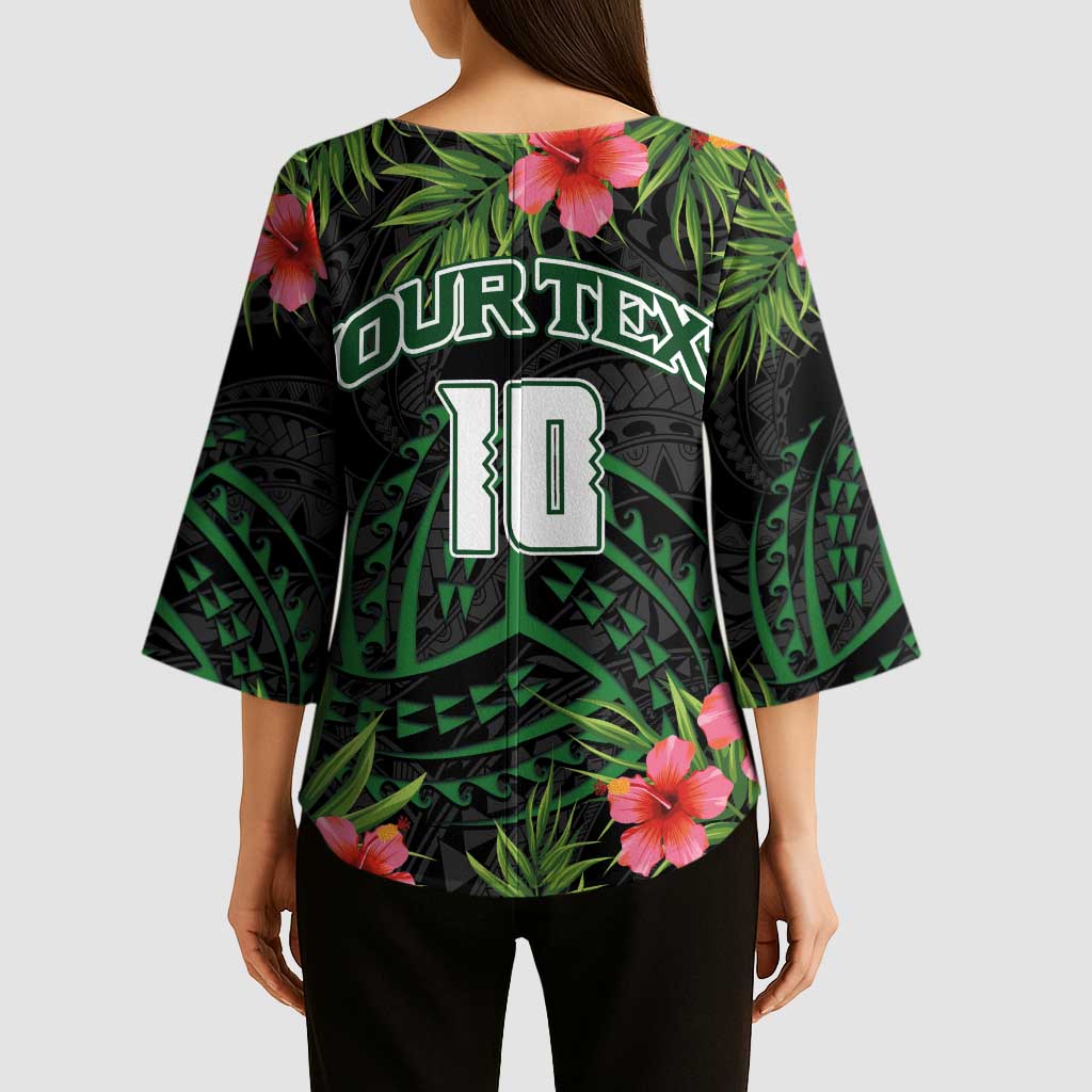 Custom Hawaii Volleyball Kimono Sleeve Blouse Kakau Abstract and Tropical Plants Black Color - Polynesian Pride