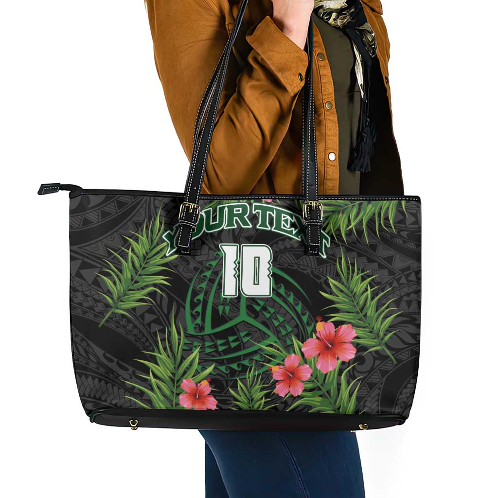 Custom Hawaii Volleyball Leather Tote Bag Kakau Abstract and Tropical Plants Black Color - Polynesian Pride