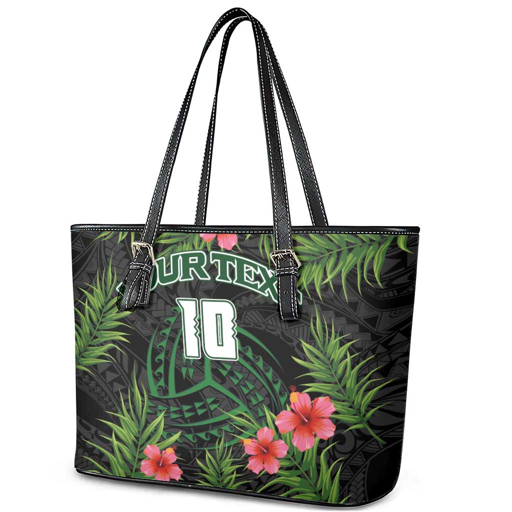 Custom Hawaii Volleyball Leather Tote Bag Kakau Abstract and Tropical Plants Black Color - Polynesian Pride