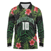 Custom Hawaii Volleyball Long Sleeve Polo Shirt Kakau Abstract and Tropical Plants Black Color - Polynesian Pride