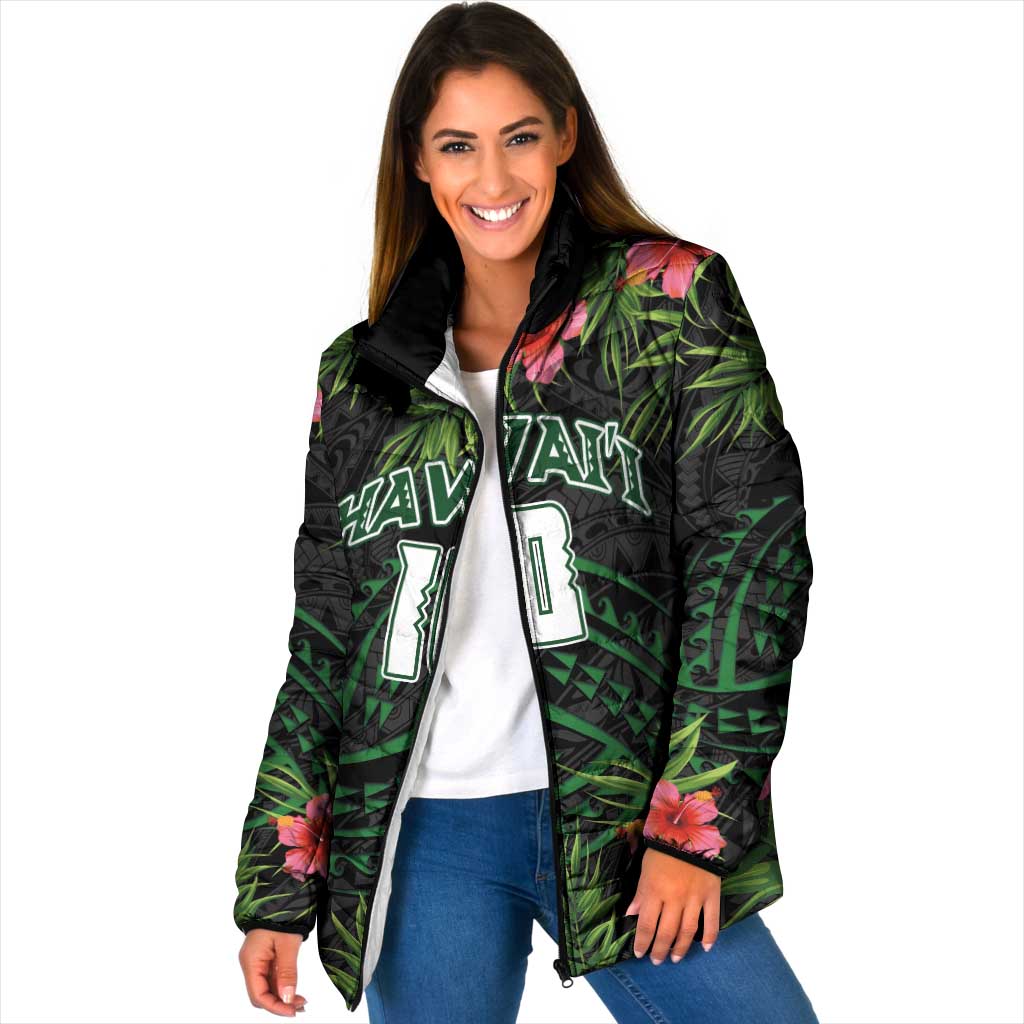 Custom Hawaii Volleyball Padded Jacket Kakau Abstract and Tropical Plants Black Color - Polynesian Pride