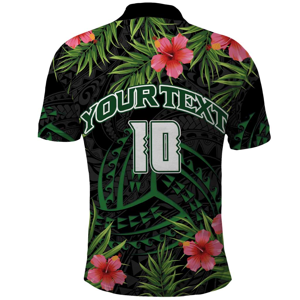 Custom Hawaii Volleyball Polo Shirt Kakau Abstract and Tropical Plants Black Color - Polynesian Pride