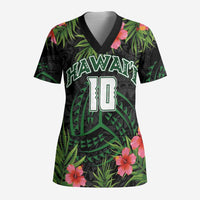 Custom Hawaii Volleyball Scrub Top Kakau Abstract and Tropical Plants Black Color - Polynesian Pride