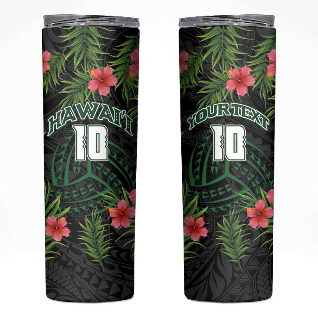 Custom Hawaii Volleyball Skinny Tumbler Kakau Abstract and Tropical Plants Black Color - Polynesian Pride